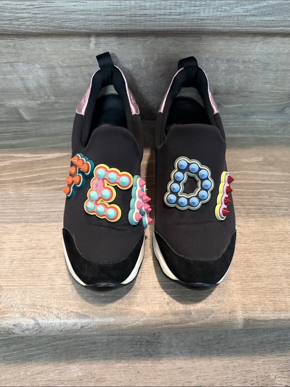 FENDI Fun Fair studded logo rubber applique black pink neoprene low sneaker